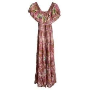 Barok Paris Floral Boho Off the Shoulder Tassel Front Tier Maxi Dress
